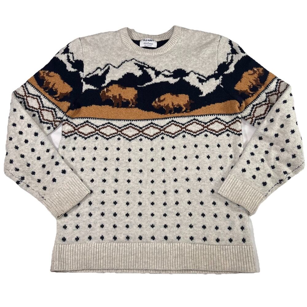 Old Navy Sweater Mens Size M Wildlife Buffalo Mountain Fair Isle Ski Cabin Dad